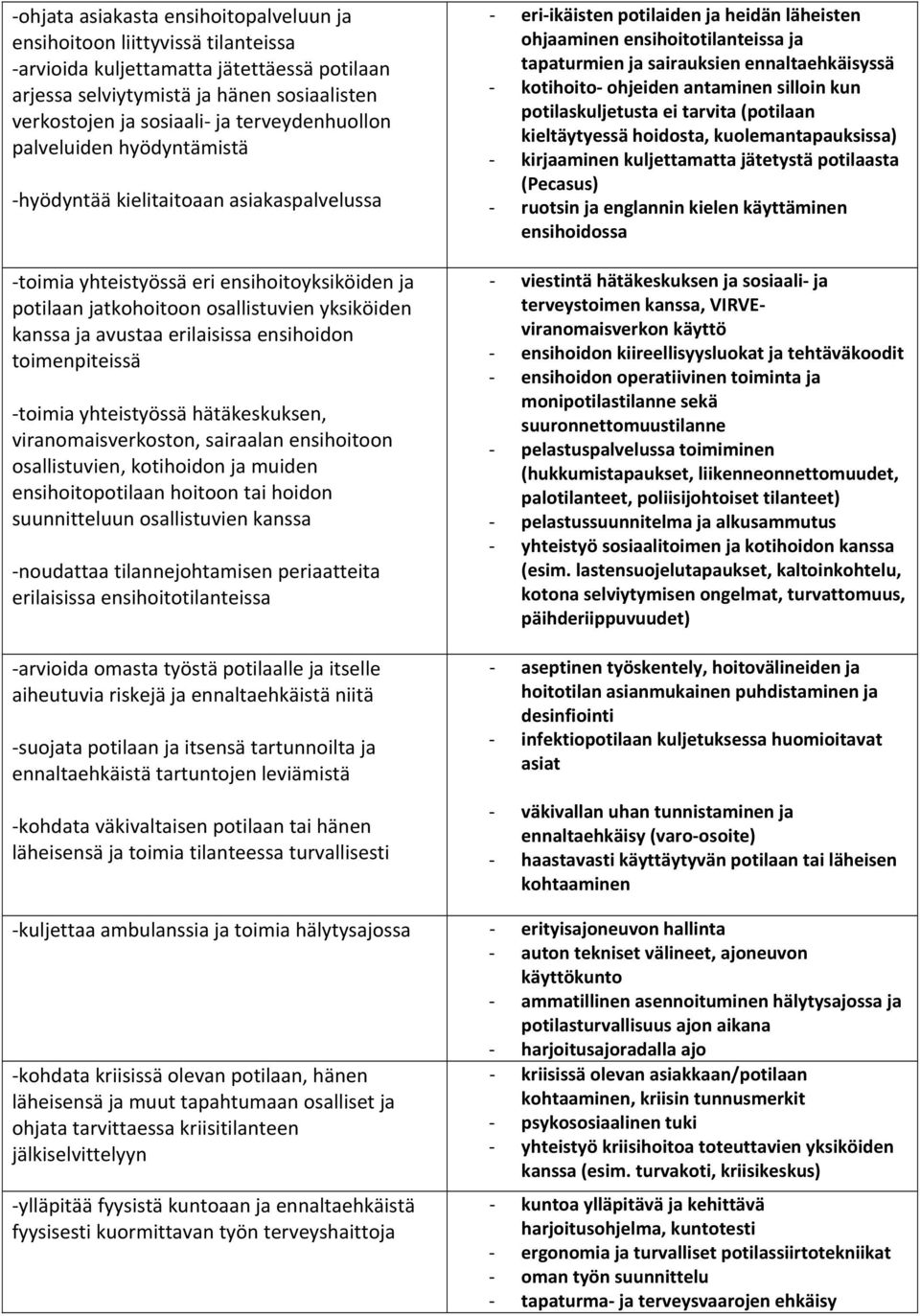 erilaisissa ensihoidon toimenpiteissä toimia yhteistyössä hätäkeskuksen, viranomaisverkoston, sairaalan ensihoitoon osallistuvien, kotihoidon ja muiden ensihoitopotilaan hoitoon tai hoidon