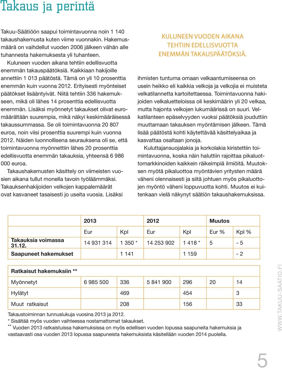 Kaikkiaan hakijoille annettiin 1 013 päätöstä. Tämä on yli 10 prosenttia enemmän kuin vuonna 2012. Erityisesti myönteiset päätökset lisääntyivät.