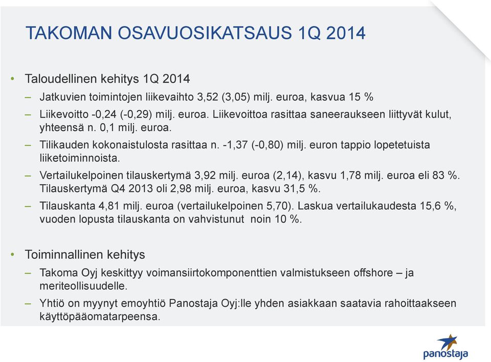 euroa eli 83 %. Tilauskertymä Q4 2013 oli 2,98 milj. euroa, kasvu 31,5 %. Tilauskanta 4,81 milj. euroa (vertailukelpoinen 5,70).