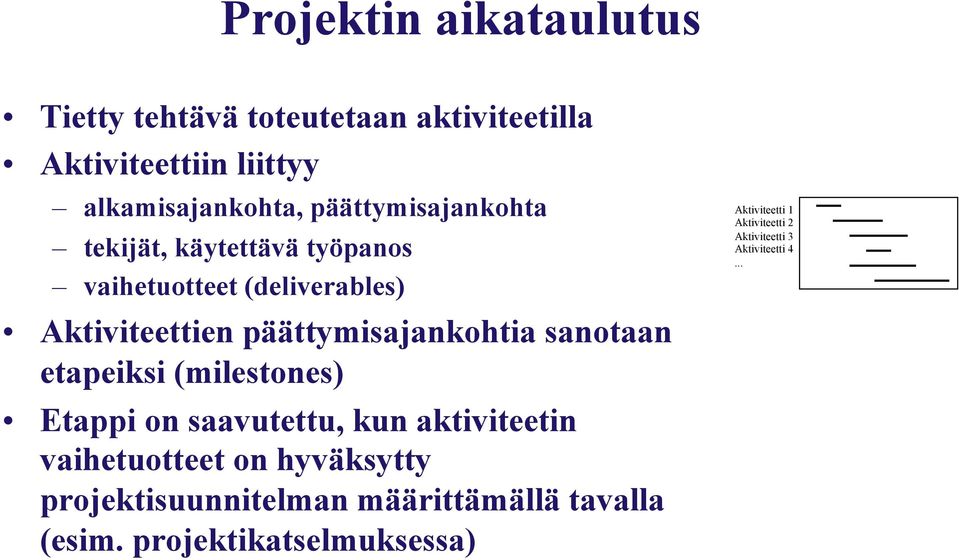 sanotaan etapeiksi (milestones) Etappi on saavutettu, kun aktiviteetin vaihetuotteet on hyväksytty