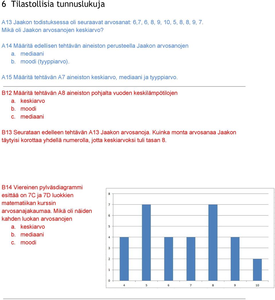 B12 Määritä tehtävän A8 aineiston pohjalta vuoden keskilämpötilojen a. keskiarvo b. moodi c. mediaani B13 Seurataan edelleen tehtävän A13 Jaakon arvosanoja.