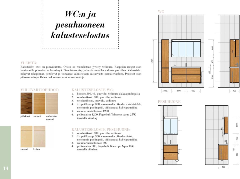 Ovien mekanismit ovat vaimennettuja. VIILUVAIHTOEHDOT: pähkinä tammi valkaistu tammi KALUSTESELOSTE WC: 1. komero 300, vk, puuviilu, vedinura alakaapin linjassa 2.