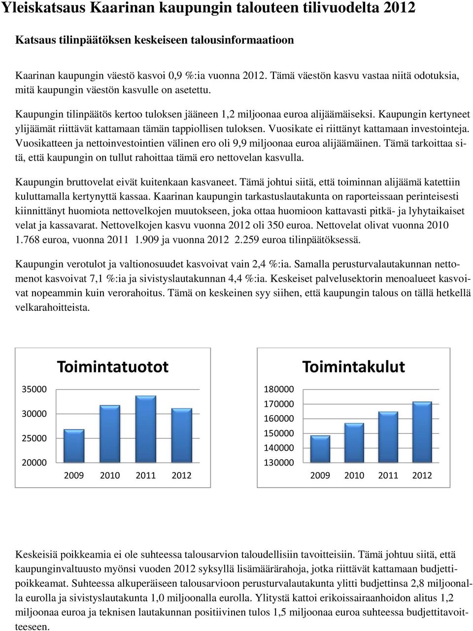 Kaupungin kertyneet ylijäämät riittävät kattamaan tämän tappiollisen tuloksen. Vuosikate ei riittänyt kattamaan investointeja.