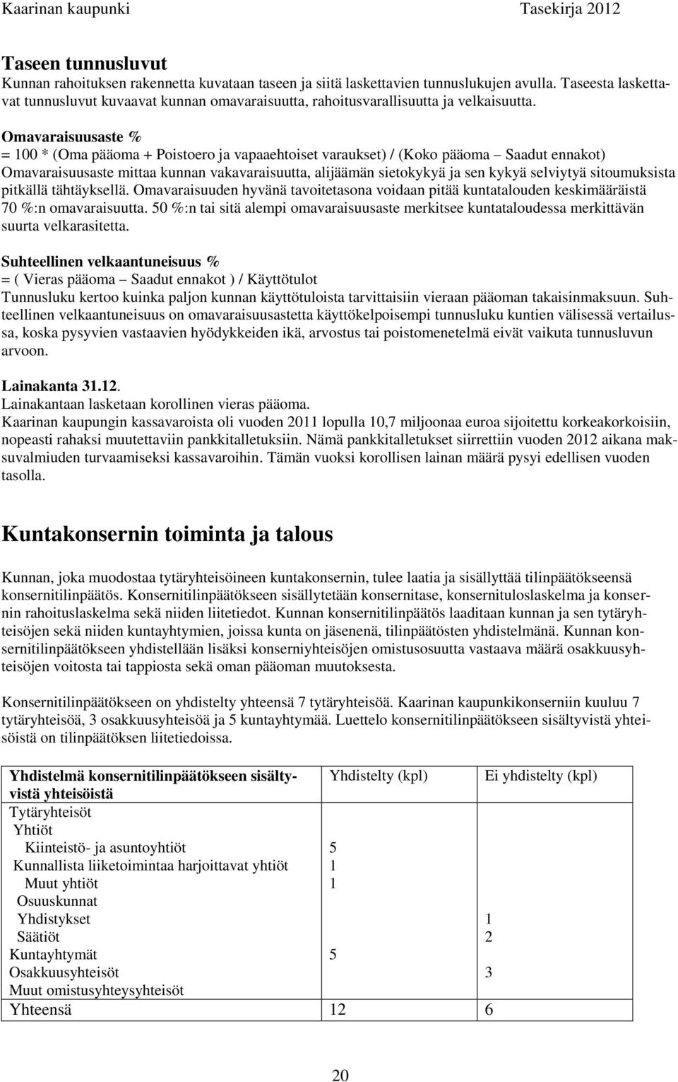 Omavaraisuusaste % = 100 * (Oma pääoma + Poistoero ja vapaaehtoiset varaukset) / (Koko pääoma Saadut ennakot) Omavaraisuusaste mittaa kunnan vakavaraisuutta, alijäämän sietokykyä ja sen kykyä