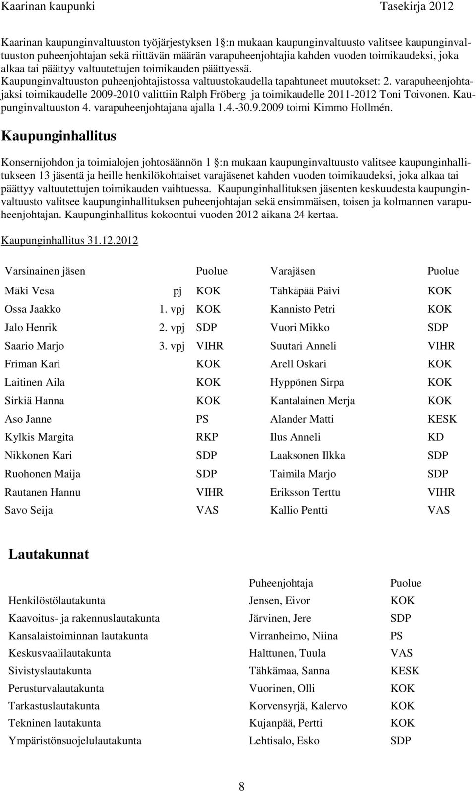 varapuheenjohtajaksi toimikaudelle 2009-2010 valittiin Ralph Fröberg ja toimikaudelle 2011-2012 Toni Toivonen. Kaupunginvaltuuston 4. varapuheenjohtajana ajalla 1.4.-30.9.2009 toimi Kimmo Hollmén.