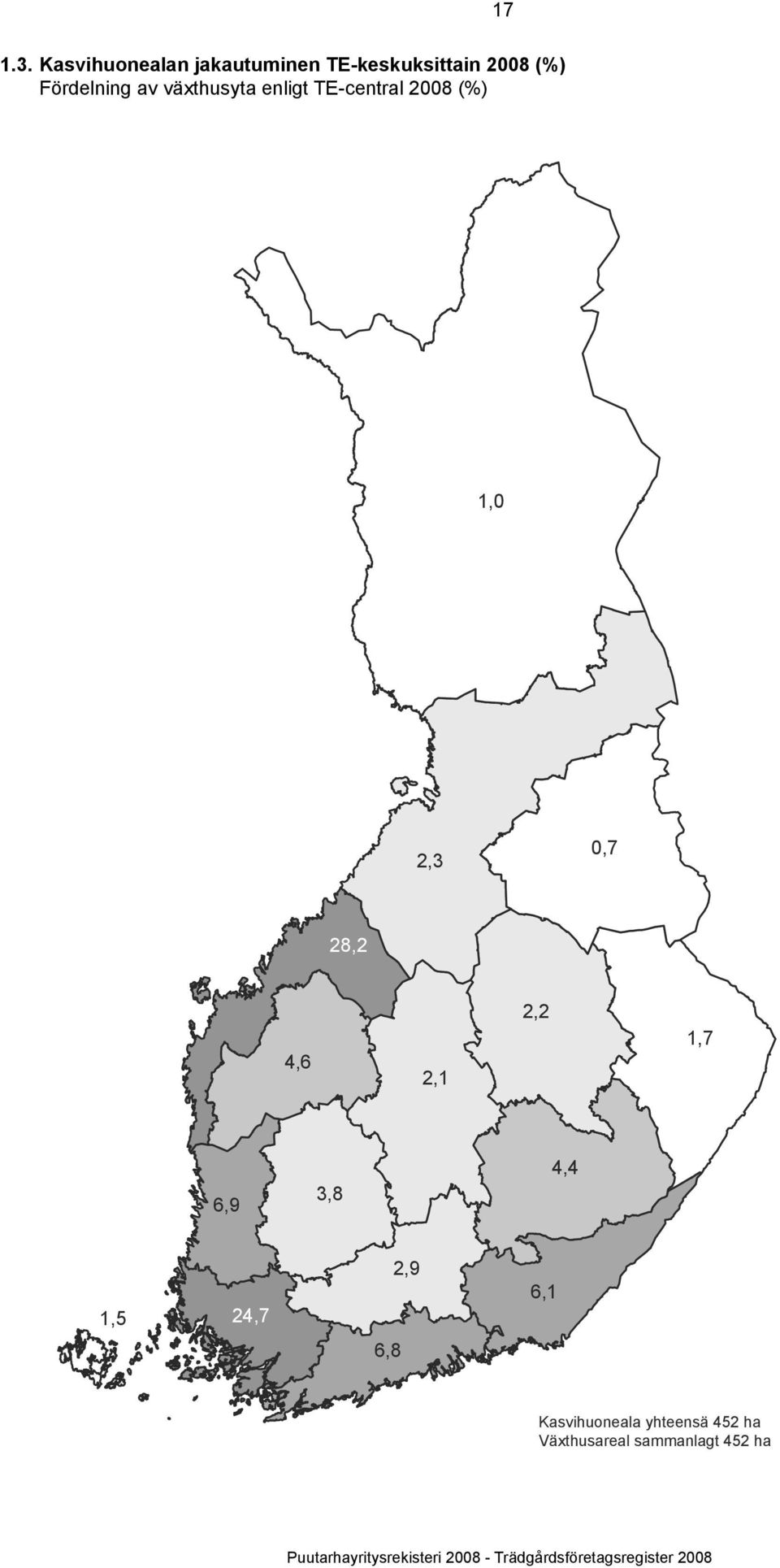 Fördelning av växthusyta enligt TE-central 2008 (%) 1,0 2,3