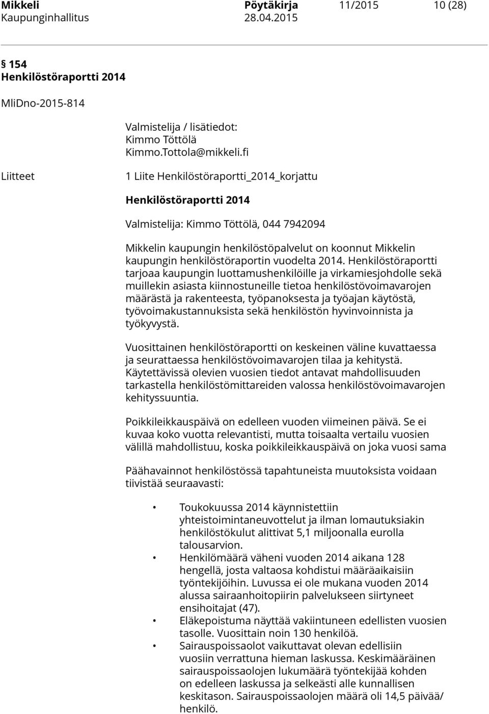 henkilöstöraportin vuodelta 2014.