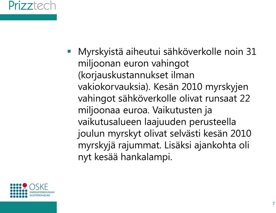 Kesän 2010 myrskyjen vahingot sähköverkolle olivat runsaat 22 miljoonaa euroa.