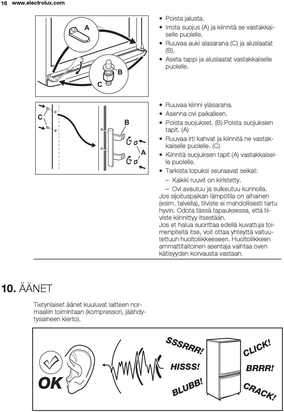 (C) Kiinnitä suojuksen tapit (A) vastakkaiselle puolelle. Tarkista lopuksi seuraavat seikat: Kaikki ruuvit on kiristetty. Ovi avautuu ja sulkeutuu kunnolla.