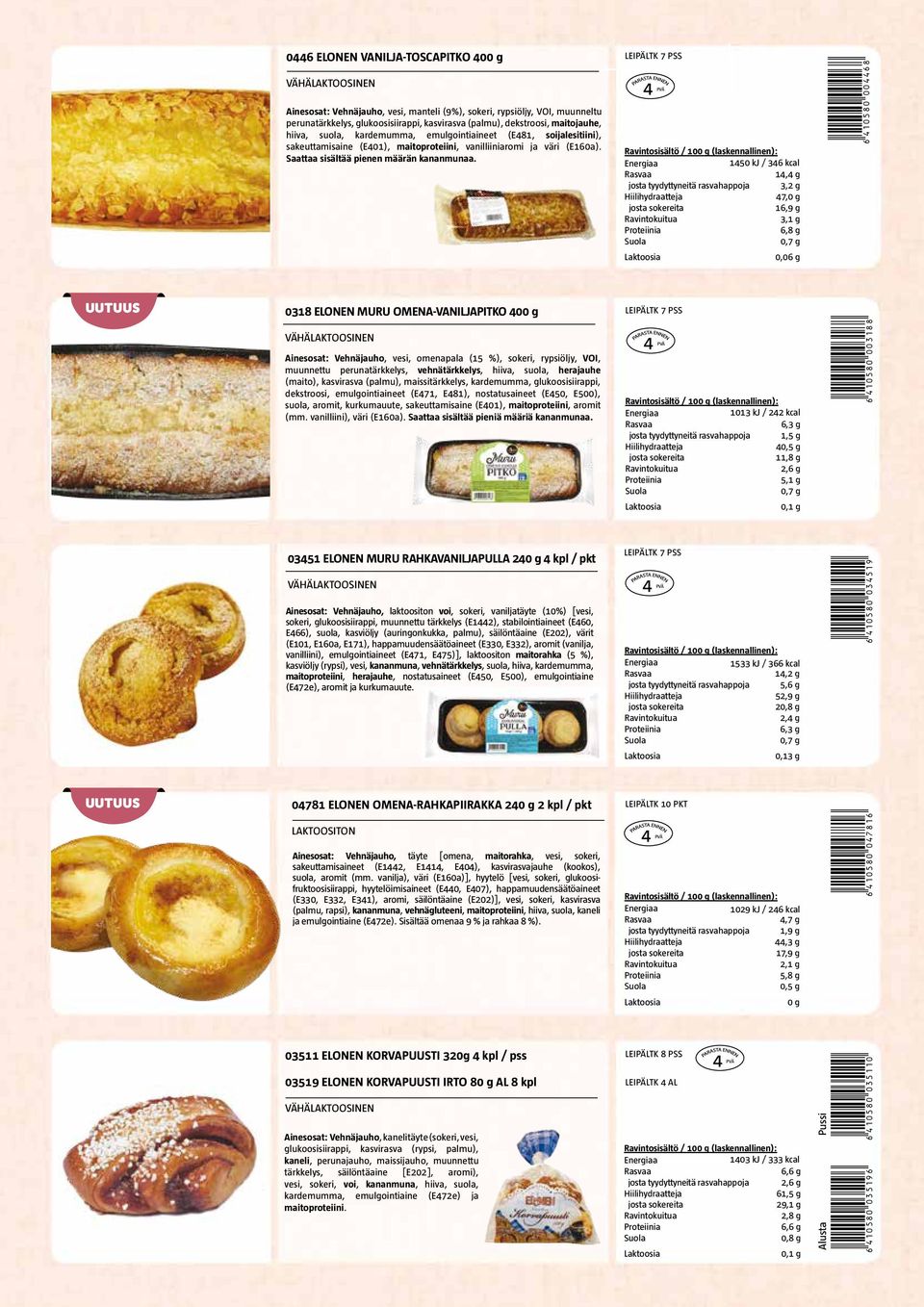 LEIPÄLTK 7 PSS 1450 kj / 346 kcal 14,4 g josta tyydyttyneitä rasvahappoja 3,2 g 47, 16,9 g 3,1 g 6,8 g 0,06 g *6410580004468* UUTUUS 0318 ELONEN MURU OMENA-VANILJAPITKO 40 Ainesosat: Vehnäjauho,