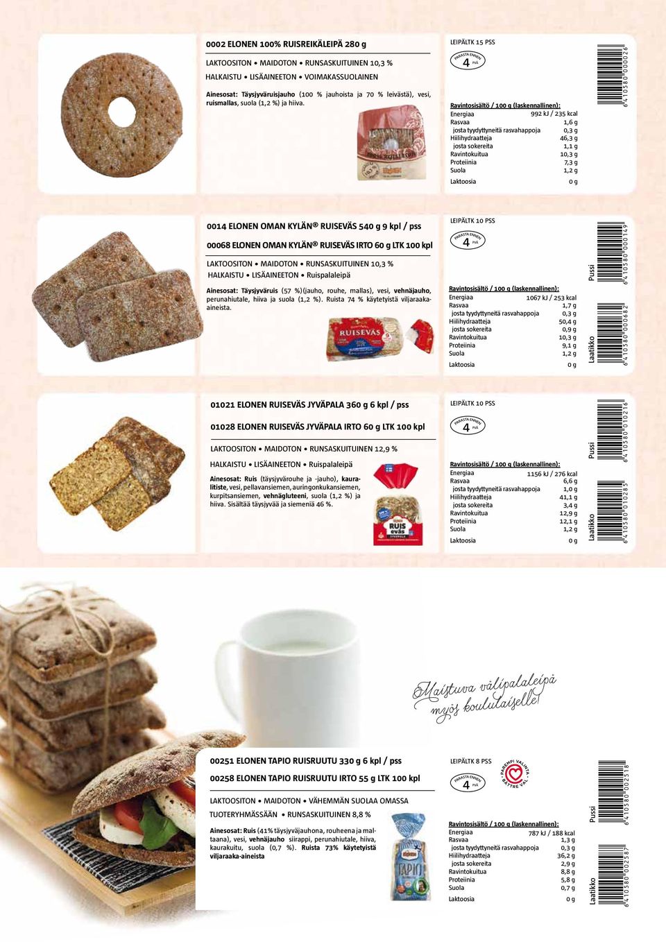 0014 ELONEN OMAN KYLÄN RUISEVÄS 54 9 kpl / pss 00068 ELONEN OMAN KYLÄN RUISEVÄS IRTO 6 LTK 100 kpl MAIDOTON RUNSASKUITUINEN 10,3 % HALKAISTU LISÄAINEETON Ruispalaleipä Ainesosat: Täysjyväruis (57
