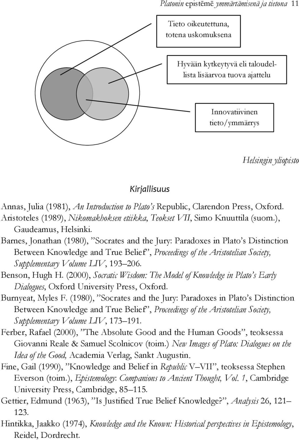 Barnes, Jonathan (1980), Socrates and the Jury: Paradoxes in Plato s Distinction Between Knowledge and True Belief, Proceedings of the Aristotelian Society, Supplementary Volume LIV, 193 206.