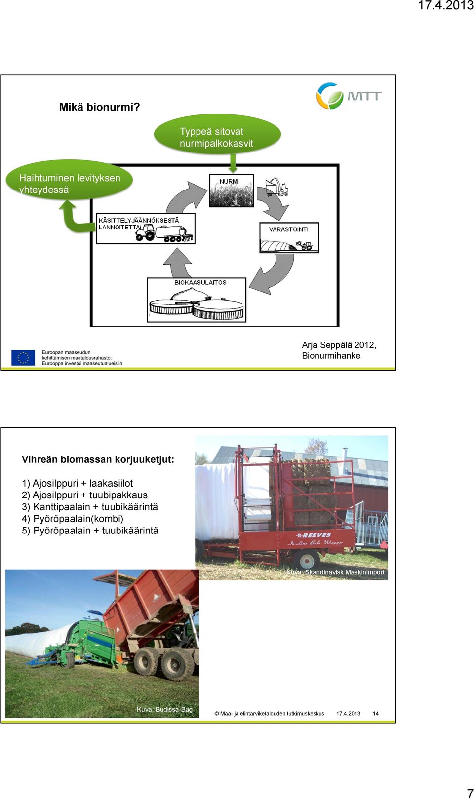 Vihreän biomassan korjuuketjut: 1) Ajosilppuri + laakasiilot 2) Ajosilppuri + tuubipakkaus 3)