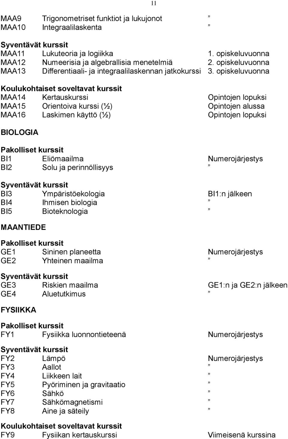 opiskeluvuonna MAA14 Kertauskurssi Opintojen lopuksi MAA15 Orientoiva kurssi (½) Opintojen alussa MAA16 Laskimen käyttö (½) Opintojen lopuksi BIOLOGIA BI1 Eliömaailma Numerojärjestys BI2 Solu ja