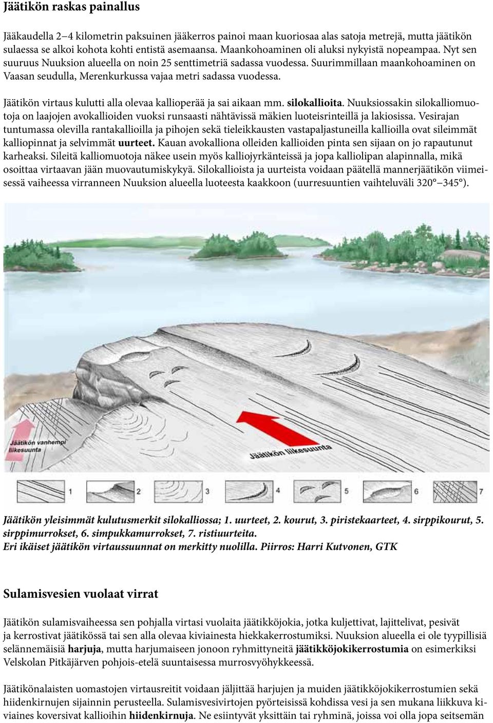 Suurimmillaan maankohoaminen on Vaasan seudulla, Merenkurkussa vajaa metri sadassa vuodessa. Jäätikön virtaus kulutti alla olevaa kallioperää ja sai aikaan mm. silokallioita.