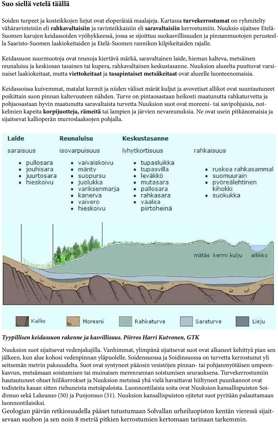 Nuuksio sijaitsee Etelä- Suomen karujen keidassoiden vyöhykkeessä, jossa se sijoittuu suokasvillisuuden ja pinnanmuotojen perusteella Saaristo-Suomen laakiokeitaiden ja Etelä-Suomen rannikon