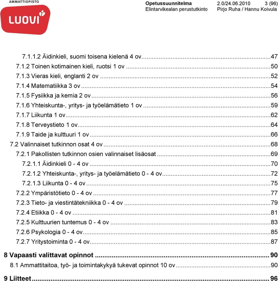 2 Valinnaiset tutkinnon osat 4 ov... 68 7.2.1 Pakollisten tutkinnon osien valinnaiset lisäosat... 69 7.2.1.1 Äidinkieli 0-4 ov... 70 7.2.1.2 Yhteiskunta-, yritys- ja työelämätieto 0-4 ov... 72 7.2.1.3 Liikunta 0-4 ov.