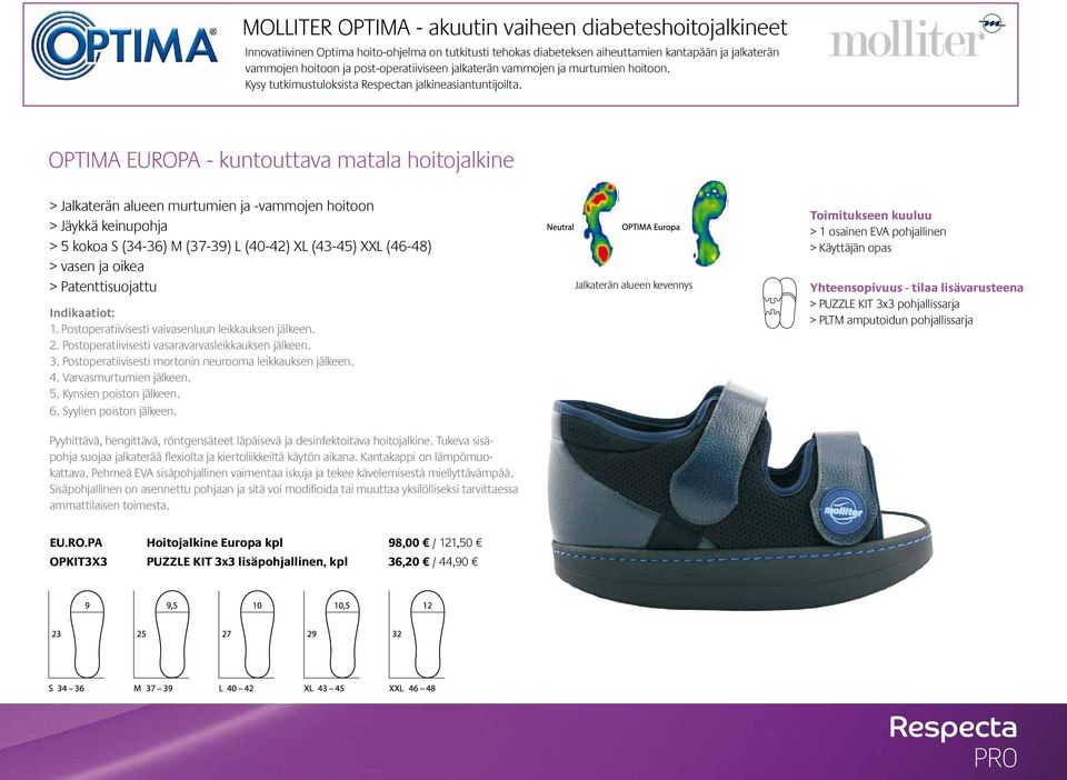 OPTIMA EUROPA - kuntouttava matala hoitojalkine > Jalkaterän alueen murtumien ja -vammojen hoitoon > Jäykkä keinupohja > 5 kokoa S (34-36) M (37-39) L (40-42) XL (43-45) XXL (46-48) > vasen ja oikea