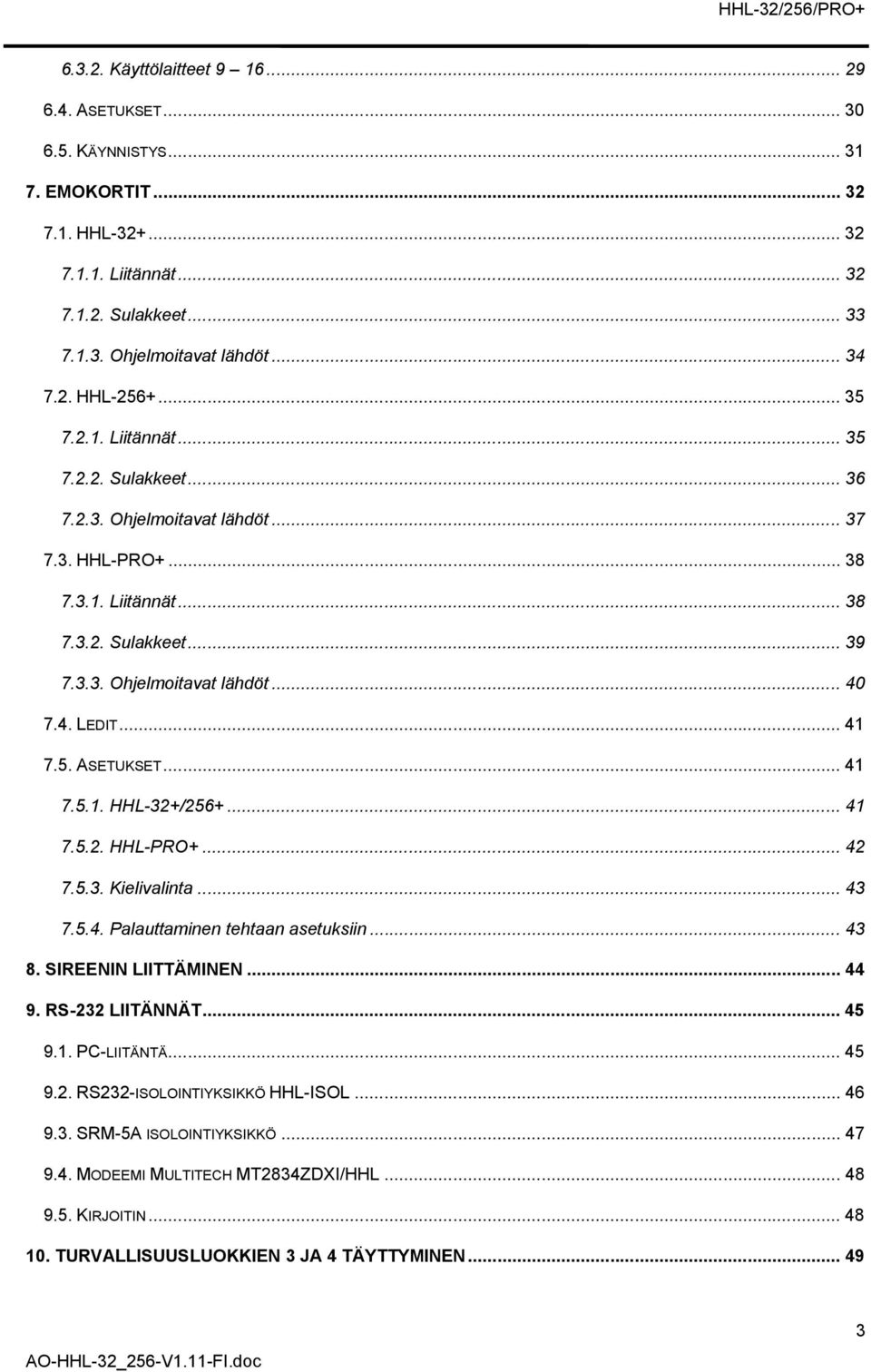 .. 41 7.5. ASETUKSET... 41 7.5.1. HHL-32+/256+... 41 7.5.2. HHL-PRO+... 42 7.5.3. Kielivalinta... 43 7.5.4. Palauttaminen tehtaan asetuksiin... 43 8. SIREENIN LIITTÄMINEN... 44 9. RS-232 LIITÄNNÄT.