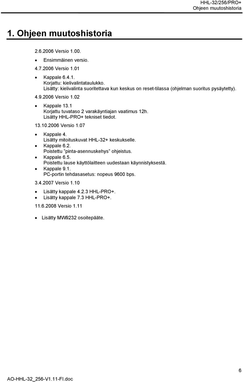 Lisätty HHL-PRO+ tekniset tiedot. 13.10.2006 Versio 1.07 Kappale 4. Lisätty mitoituskuvat HHL-32+ keskukselle. Kappale 6.2. Poistettu pinta-asennuskehys ohjeistus. Kappale 6.5.