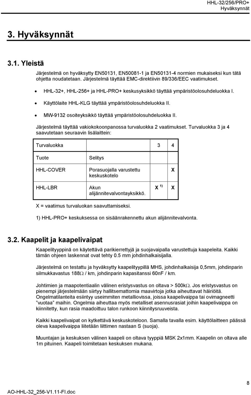 MW-9132 osoiteyksikkö täyttää ympäristöolosuhdeluokka II. Järjestelmä täyttää vakiokokoonpanossa turvaluokka 2 vaatimukset.