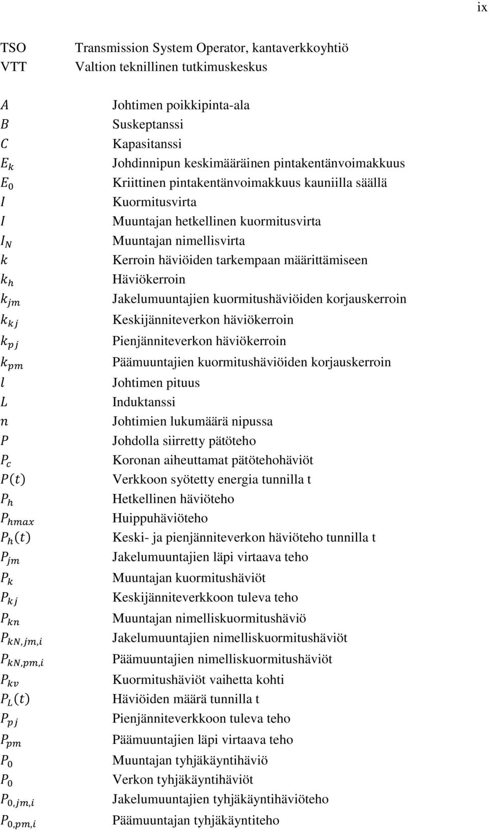 pintakentänvoimakkuus kauniilla säällä Kuormitusvirta Muuntajan hetkellinen kuormitusvirta Muuntajan nimellisvirta Kerroin häviöiden tarkempaan määrittämiseen Häviökerroin Jakelumuuntajien