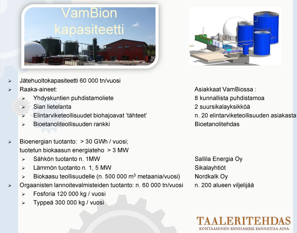 20 elintarviketeollisuuden asiakasta Bioetanoliteollisuuden rankki Bioetanolitehdas Bioenergian tuotanto: > 30 GWh / vuosi; tuotetun biokaasun energiateho > 3 MW Sähkön