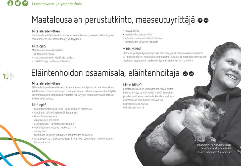 Maatilatalouden osaamisalalla peltokasvien viljelyä maatalouskoneiden käyttöä ja huoltoa metallitöitä ja maatilarakentamista metsänhoitoa maatalouden talousasioita valinnaisena tuotantoeläintenhoitoa