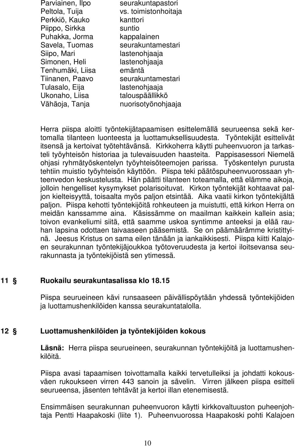 toimistonhoitaja kanttori suntio kappalainen seurakuntamestari lastenohjaaja lastenohjaaja emäntä seurakuntamestari lastenohjaaja talouspäällikkö nuorisotyönohjaaja Herra piispa aloitti