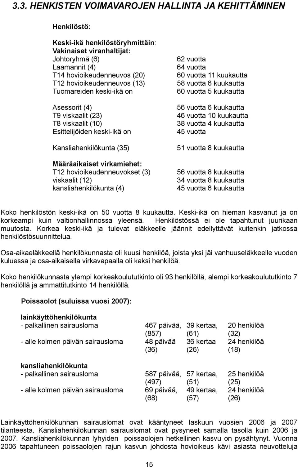 kuukautta 45 vuotta Kansliahenkilökunta (35) 5 vuotta 8 kuukautta Määräaikaiset virkamiehet: T2 hovioikeudenneuvokset (3) t (2) kansliahenkilökunta (4) 56 vuotta 8 kuukautta 34 vuotta 8 kuukautta 45