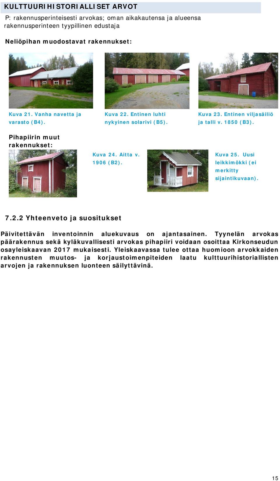 Uusi leikkimökki (ei merkitty sijaintikuvaan). 7.2.2 Yhteenveto ja suositukset Päivitettävän inventoinnin aluekuvaus on ajantasainen.