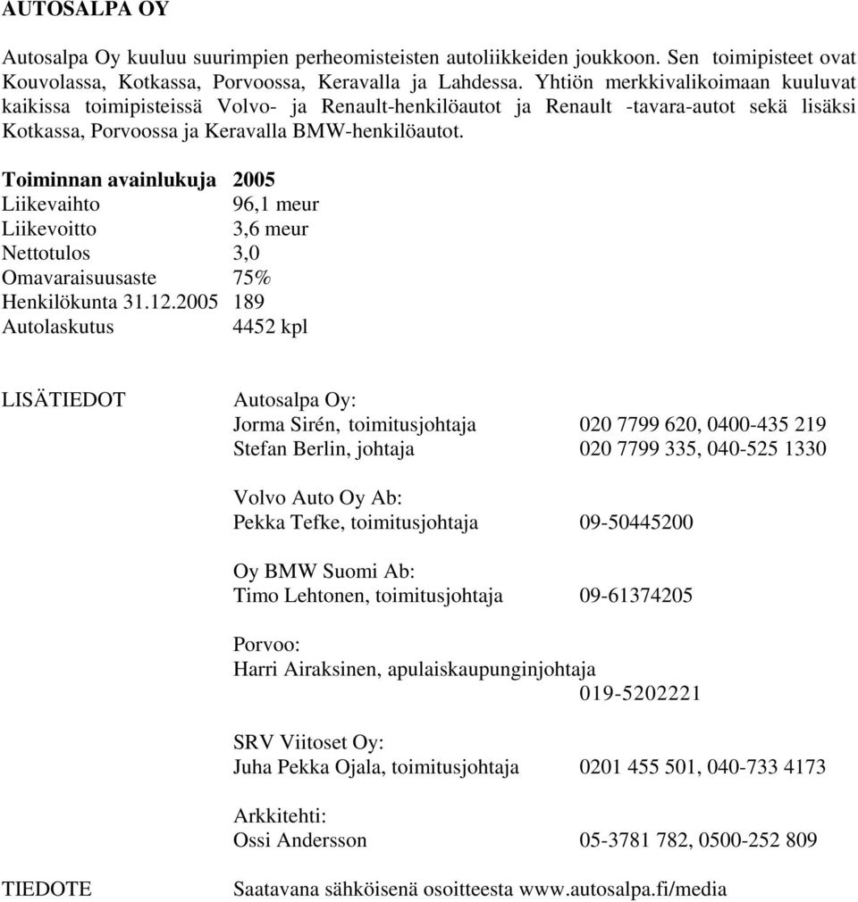 Toiminnan avainlukuja 2005 Liikevaihto 96,1 meur Liikevoitto 3,6 meur Nettotulos 3,0 Omavaraisuusaste 75% Henkilökunta 31.12.