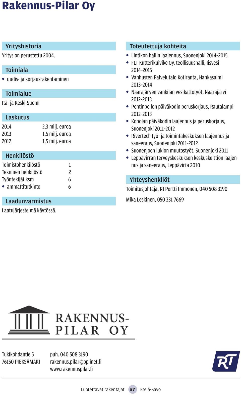 Lintikon hallin laajennus, Suonenjoki 2014 2015 FLT Kutterikuivike Oy, teollisuushalli, Iisvesi 2014 2015 Vanhusten Palvelutalo Kotiranta, Hankasalmi 2013 2014 Naarajärven vankilan vesikattotyöt,