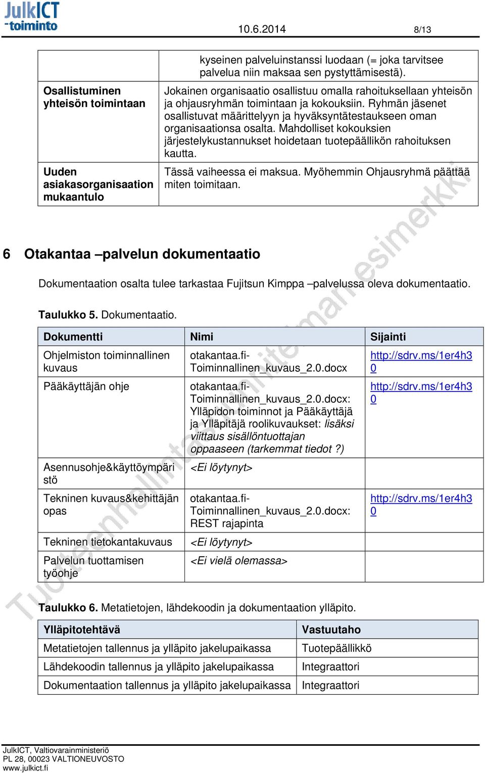Ryhmän jäsenet osallistuvat määrittelyyn ja hyväksyntätestaukseen oman organisaationsa osalta. Mahdolliset kokouksien järjestelykustannukset hoidetaan tuotepäällikön rahoituksen kautta.
