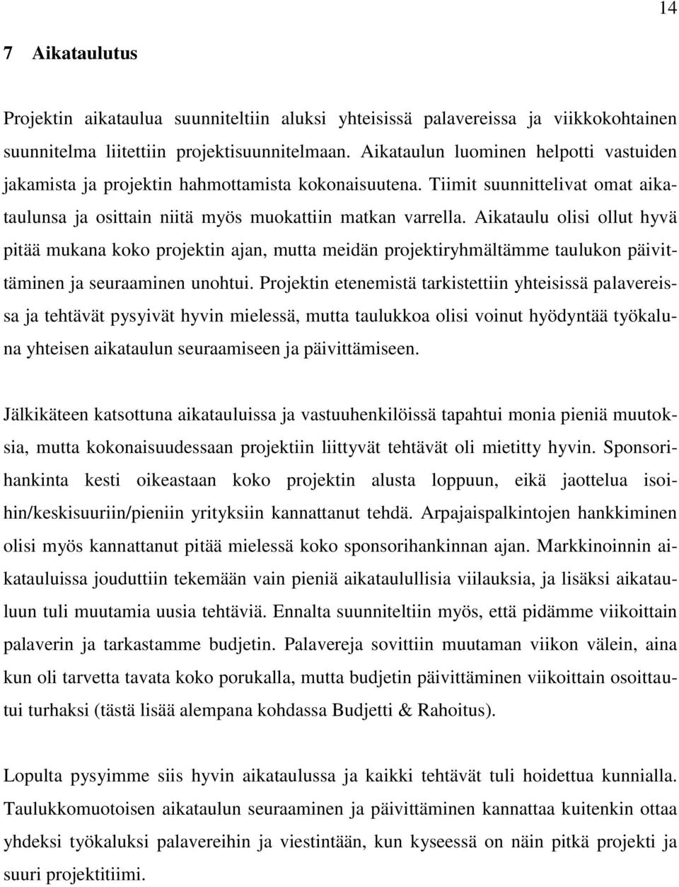 Aikataulu olisi ollut hyvä pitää mukana koko projektin ajan, mutta meidän projektiryhmältämme taulukon päivittäminen ja seuraaminen unohtui.