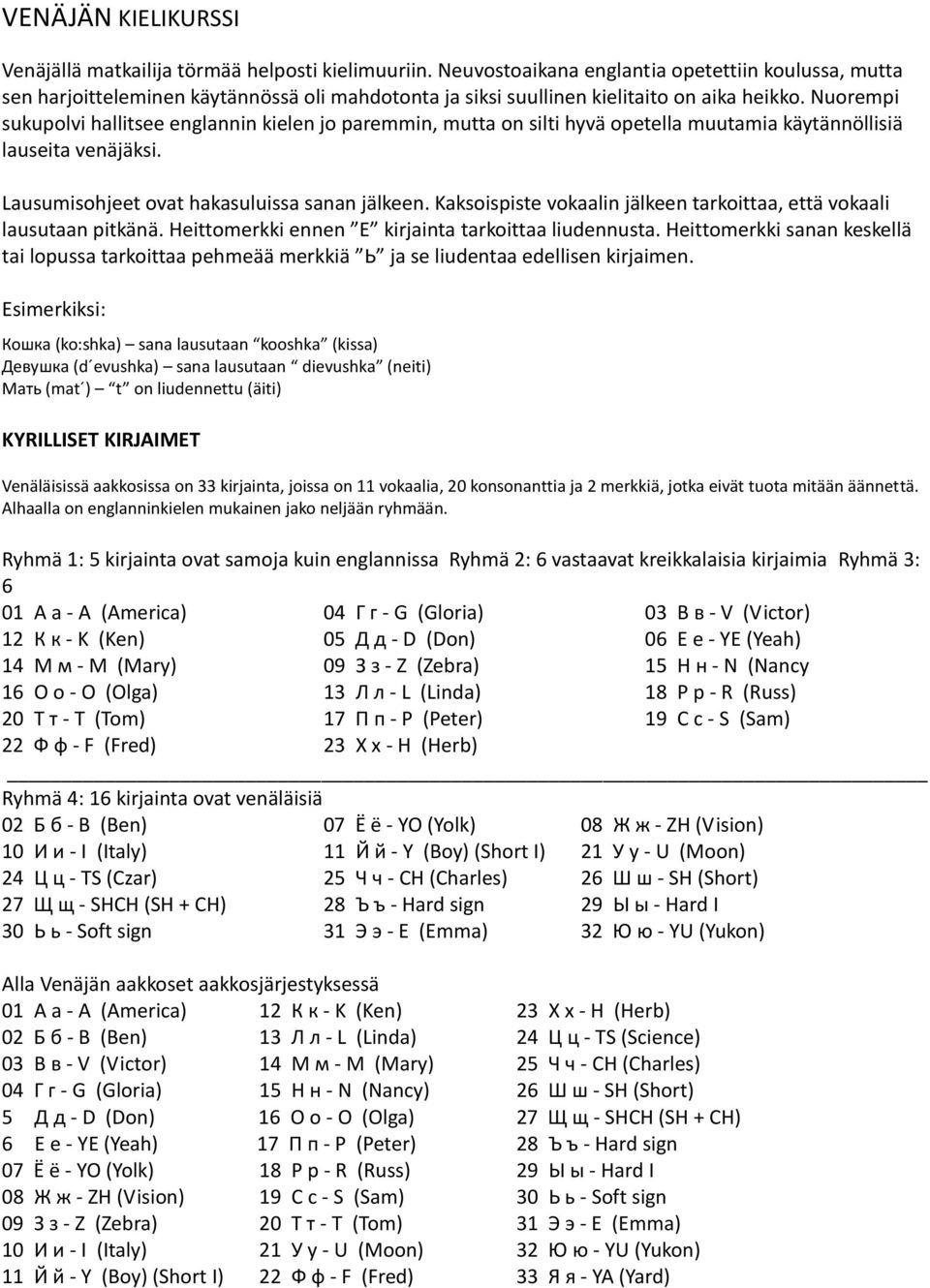 Nuorempi sukupolvi hallitsee englannin kielen jo paremmin, mutta on silti hyvä opetella muutamia käytännöllisiä lauseita venäjäksi. Lausumisohjeet ovat hakasuluissa sanan jälkeen.