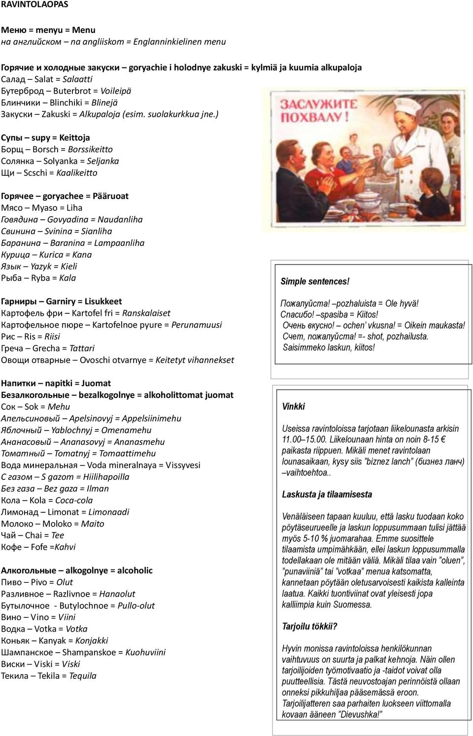 ) Супы supy = Keittoja Борщ Borsch = Borssikeitto Солянка Solyanka = Seljanka Щи Scschi = Kaalikeitto Горячее goryachee = Pääruoat Мясо Myaso = Liha Говядина Govyadina = Naudanliha Свинина Svinina =