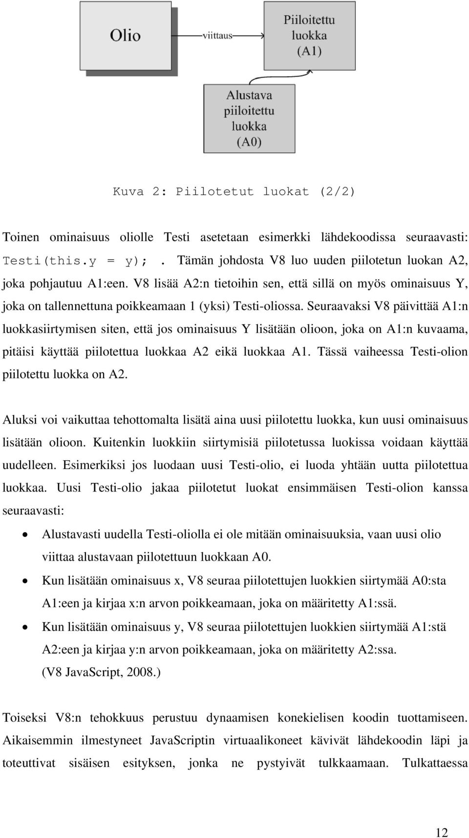 Seuraavaksi V8 päivittää A1:n luokkasiirtymisen siten, että jos ominaisuus Y lisätään olioon, joka on A1:n kuvaama, pitäisi käyttää piilotettua luokkaa A2 eikä luokkaa A1.