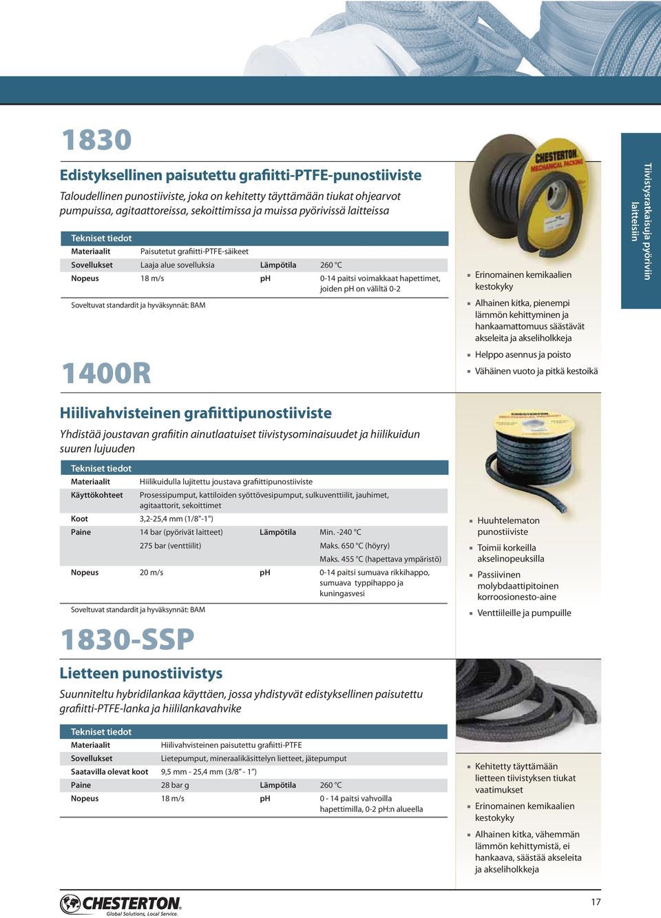 standardit ja hyväksynnät: BAM 1400R Hiilivahvisteinen grafiittipunostiiviste Yhdistää joustavan grafiitin ainutlaatuiset tiivistysominaisuudet ja hiilikuidun suuren lujuuden Tekniset tiedot