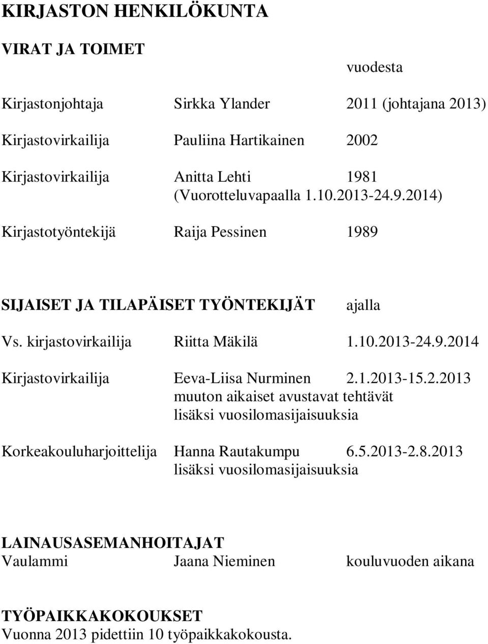 1.2013-15.2.2013 muuton aikaiset avustavat tehtävät lisäksi vuosilomasijaisuuksia Korkeakouluharjoittelija Hanna Rautakumpu 6.5.2013-2.8.