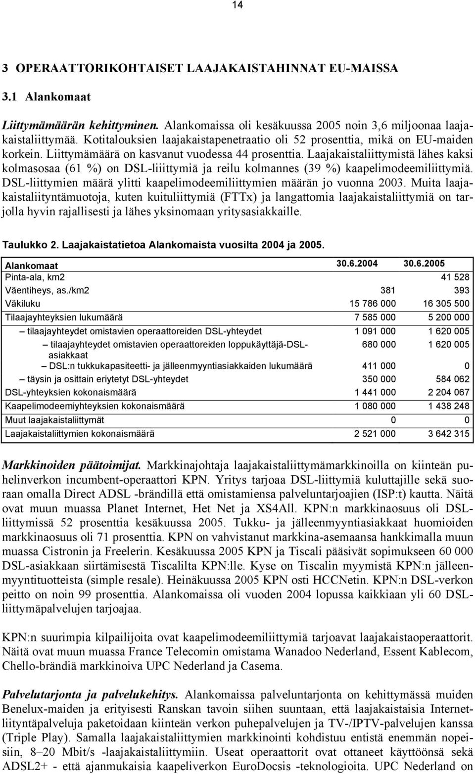 Laajakaistaliittymistä lähes kaksi kolmasosaa (61 %) on DSL-liiittymiä ja reilu kolmannes (39 %) kaapelimodeemiliittymiä. DSL-liittymien määrä ylitti kaapelimodeemiliittymien määrän jo vuonna 2003.