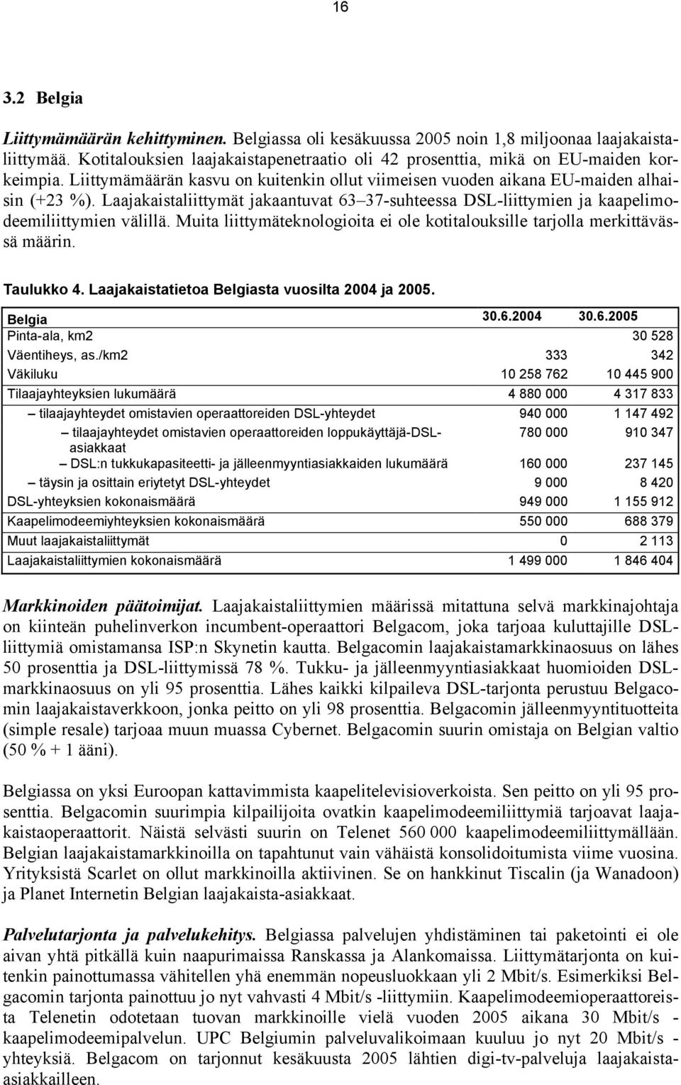 Muita liittymäteknologioita ei ole kotitalouksille tarjolla merkittävässä määrin. Taulukko 4. Laajakaistatietoa Belgiasta vuosilta 2004 ja 2005. Belgia 30.6.2004 30.6.2005 Pinta-ala, km2 30 528 Väentiheys, as.