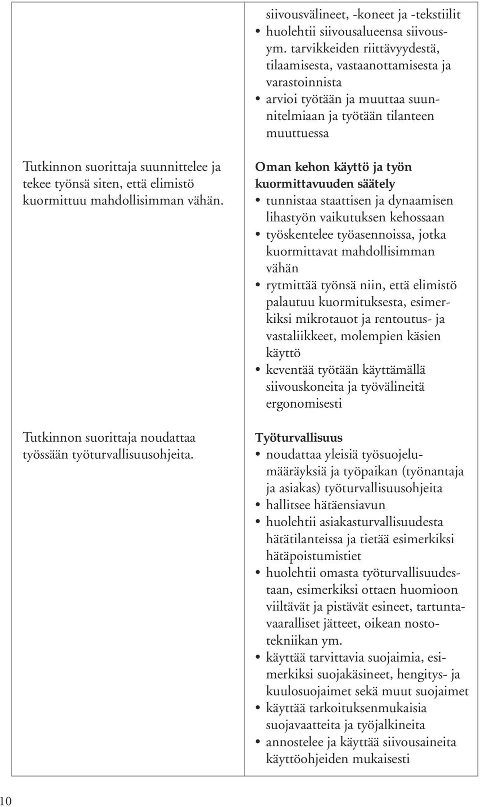 työnsä siten, että elimistö kuormittuu mahdollisimman vähän. Tutkinnon suorittaja noudattaa työssään työturvallisuusohjeita.