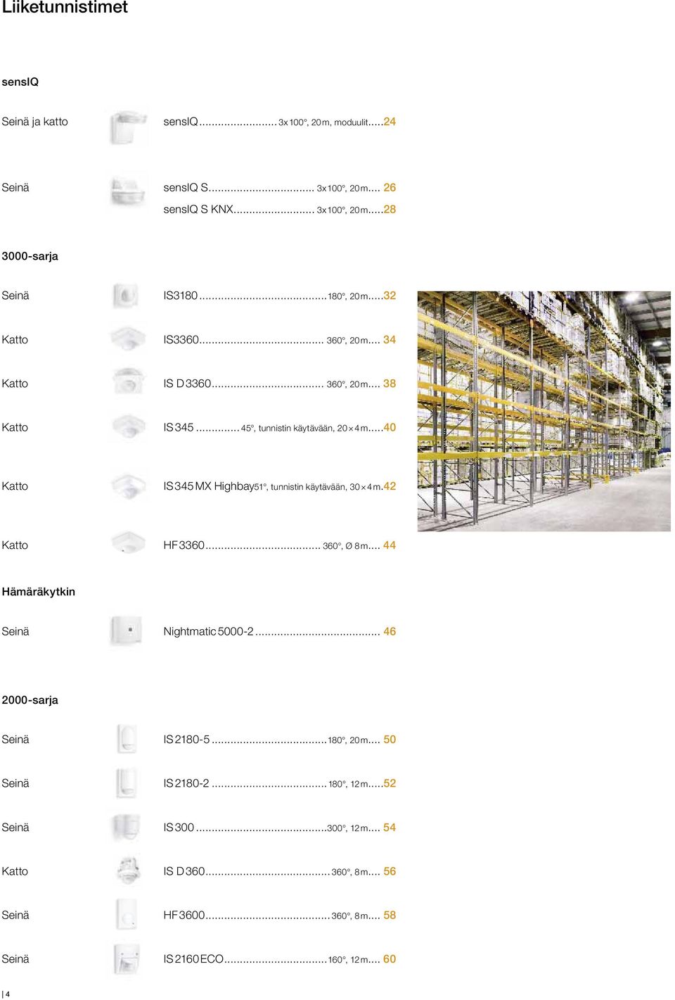 .. 40 Katto IS 345 MX Highbay 51, tunnistin käytävään, 30 4 m. 42 Katto HF 3360... 360, Ø 8 m... 44 Hämäräkytkin Seinä Nightmatic 5000-2.