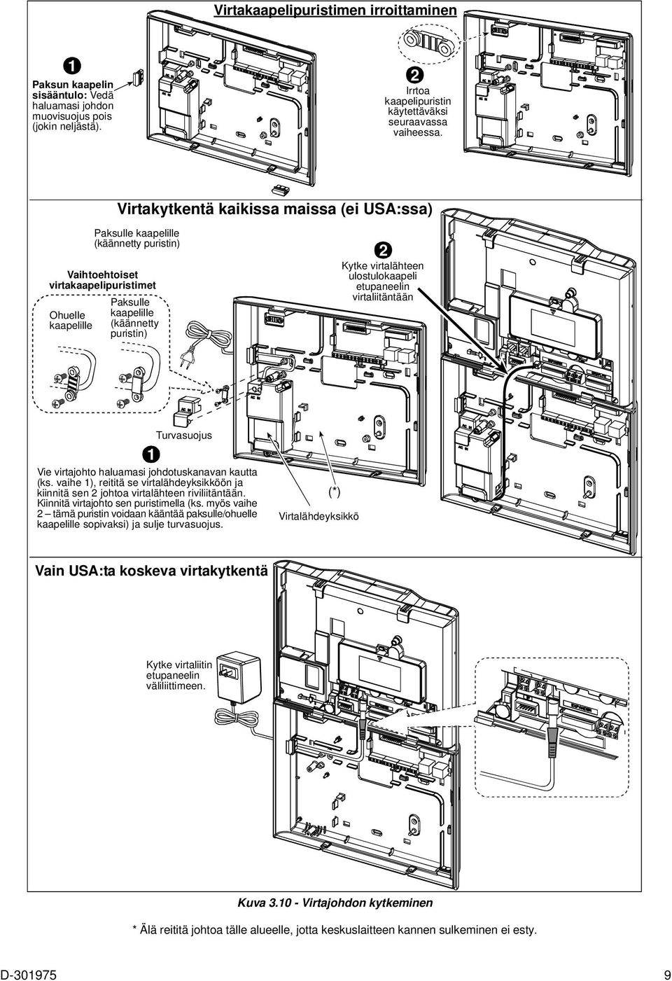 virtalähteen ulostulokaapeli etupaneelin virtaliitäntään 1 Turvasuojus Vie virtajohto haluamasi johdotuskanavan kautta (ks.