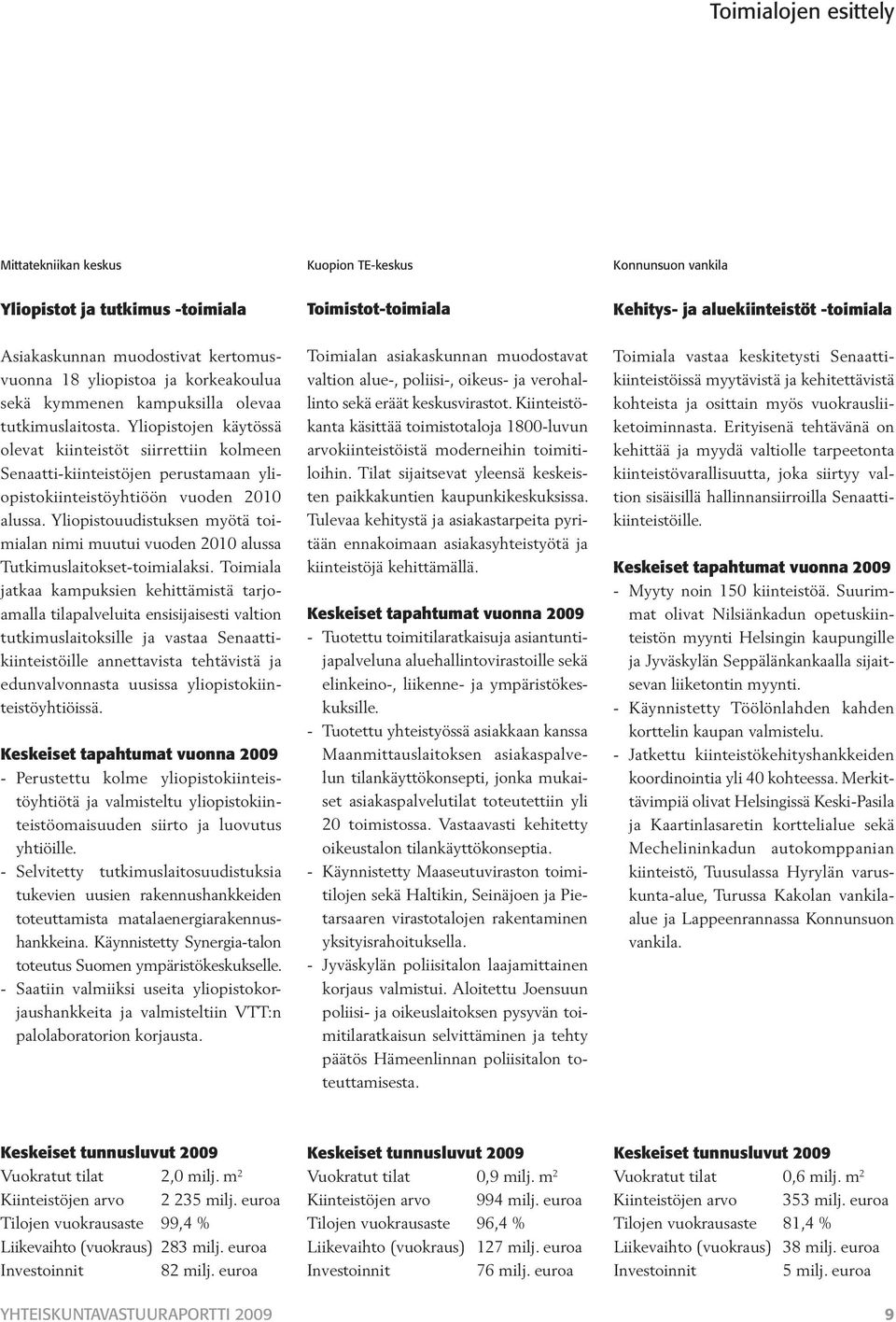 Yliopistojen käytössä olevat kiinteistöt siirrettiin kolmeen Senaatti-kiinteistöjen perustamaan yliopistokiinteistöyhtiöön vuoden 2010 alussa.