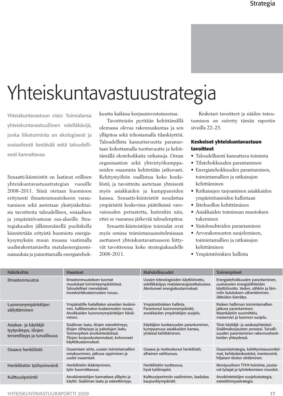 Siinä otetaan huomioon erityisesti ilmastonmuutokseen varautuminen sekä asetetaan yksityiskohtaisia tavoitteita taloudellisen, sosiaalisen ja ympäristövastuun osa-alueille.