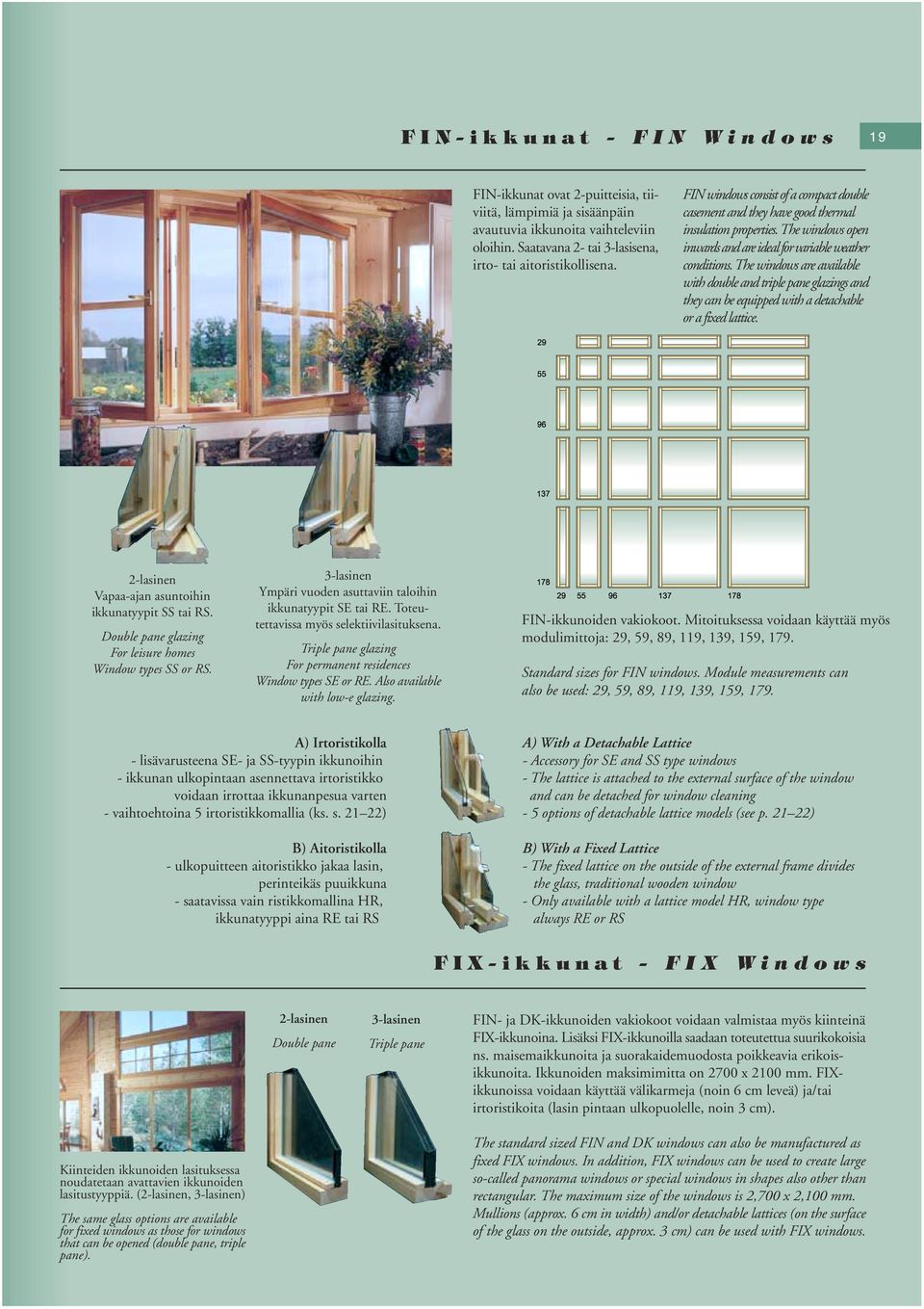 The windows are available with double and triple pane glazings and they can be equipped with a detachable or a fixed lattice. 2-lasinen Vapaa-ajan asuntoihin ikkunatyypit SS tai RS.