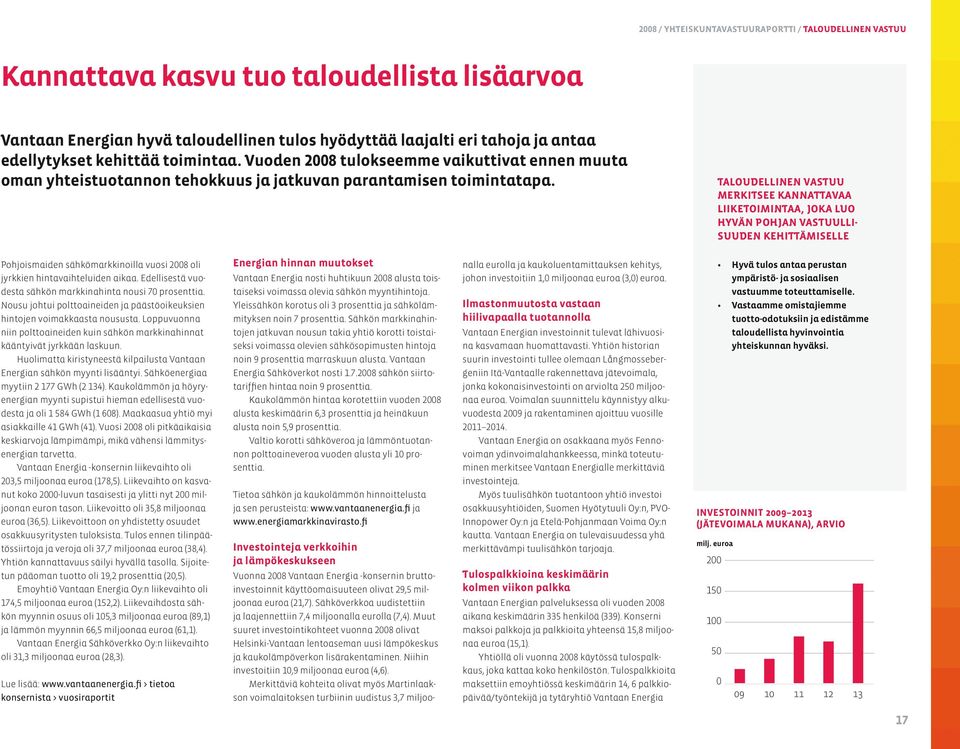 Taloudellinen vastuu merkitsee kannattavaa liiketoimintaa, joka luo hyvän pohjan vastuullisuuden kehittämiselle Pohjoismaiden sähkömarkkinoilla vuosi 2008 oli jyrkkien hintavaihteluiden aikaa.