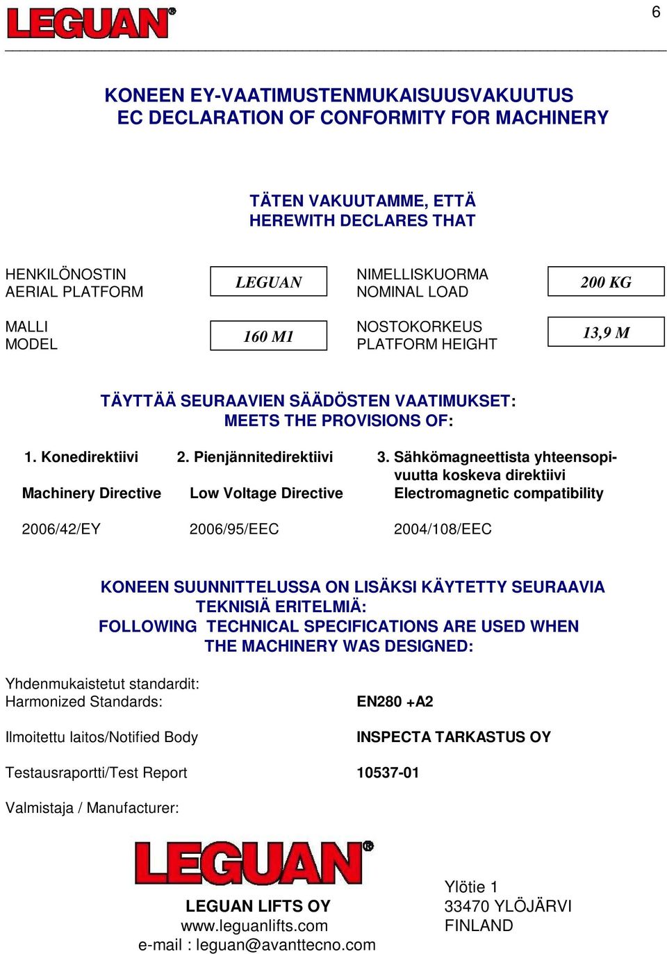 Sähkömagneettista yhteensopivuutta koskeva direktiivi Machinery Directive Low Voltage Directive Electromagnetic compatibility 2006/42/EY 2006/95/EEC 2004/108/EEC KONEEN SUUNNITTELUSSA ON LISÄKSI